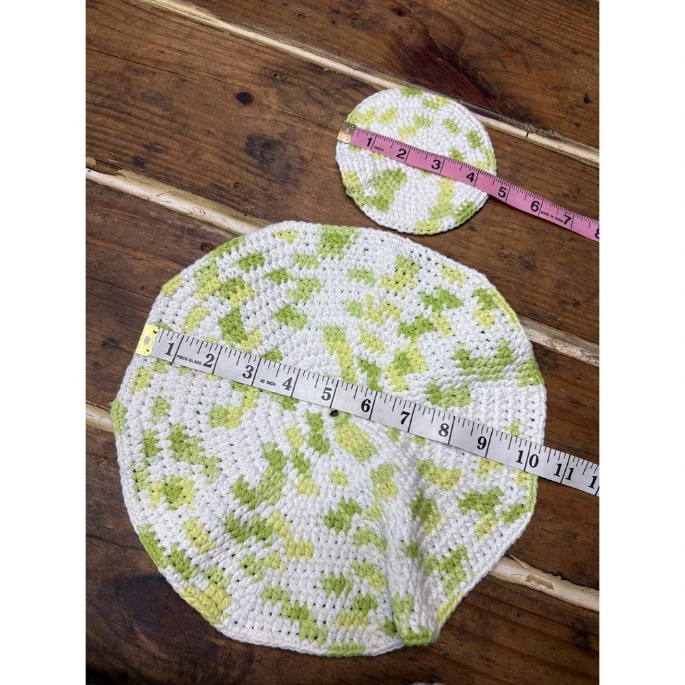 Handmade Crochet Dishcloth Coaster Set 4pc Green White Variegated Cotton Kitchen